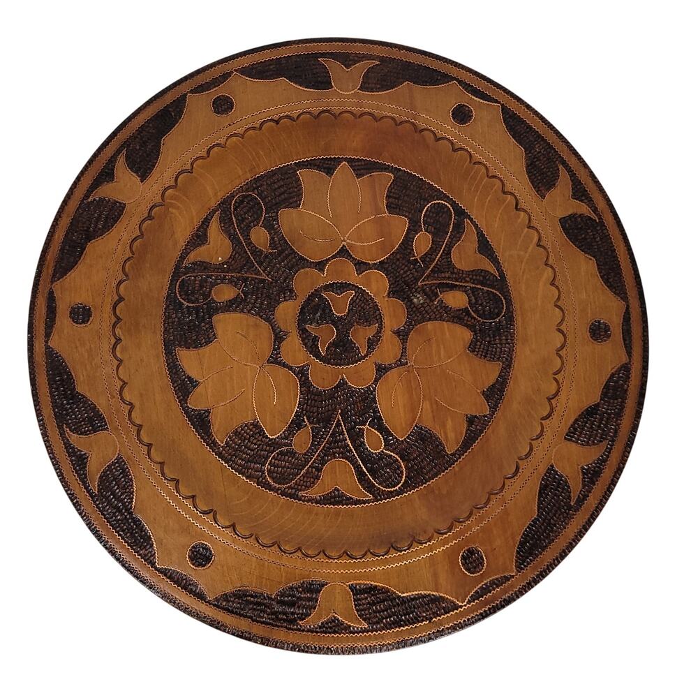 Vintage Polish Folklore Hand-Carved 13" Wooden Plate w/ Copper Wire Inlay Rare